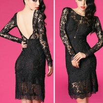 Sexy Backless Long Sleeve Lace Evening Dress