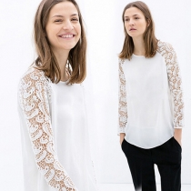 Fashion Hollow Out Lace Spliced Chiffon Tops