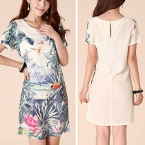Fashion Floral Print Short Sleeve Chiffon Dress