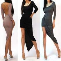 Sexy Backless Long Sleeve Asymmetry Dress