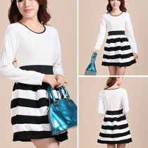 Fashion Contrast Color Round Neck Long Sleeve Stripes Dress
