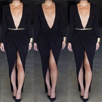Sexy Deep V-neck Slit Hemline Long Sleeve Party Dress