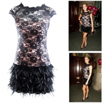 Fashion Sleeveless Round Neck Feather Hemline Lace Dress