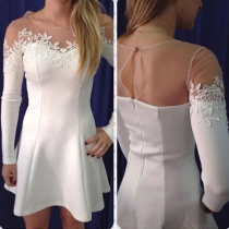 Sexy White See-through Gauze Lace Spliced Long Sleeve Dress