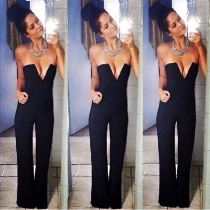 Sexy Strapless V-neck Solid Color Jumpsuit