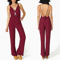 Sexy Backless V-neck Solid Color Sling Chiffon Jumpsuit