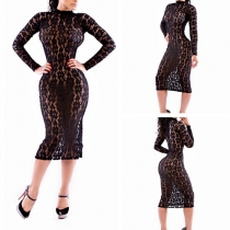 Sexy Long Sleeve Round Neck Slim Fit See-through Dress