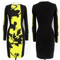 Fashion Contrast Color Floral Print Round Neck Long Sleeve Dress