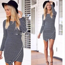 Fashion Stripes Long Sleeve Round Neck Irregular Hem Dress