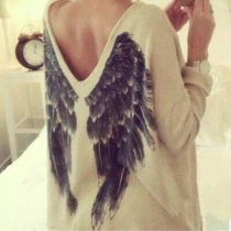 Fashion V-neck Angel Wings Print Long Sleeve T-shirt
