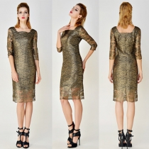 Fashion 3/4 Sleeve Slim Fit Gold Lace Dress