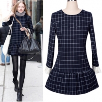 Fashion Long Sleeve Round Neck Grid Pattern Dress