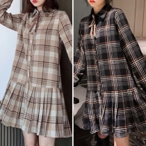 Fashion Long Sleeve Round Neck Grid Pattern Dress