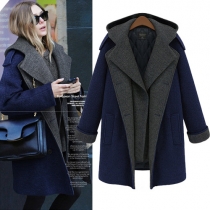 Fashion Contrast Color Double-breasted Hooded Woolen Coat