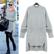 Fashion Solid Color Long Sleeve Irregular Slit Hem Knitted Sweater Dress