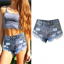 Fashion Rivets Tassels High Waist Denim Shorts