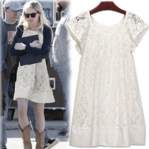 Fashion Round Neck Short Sleeve Hollow Out Lace Dress