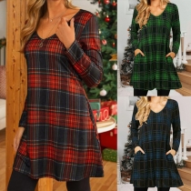 British Style V-neck Long Sleeve Plaid Dress