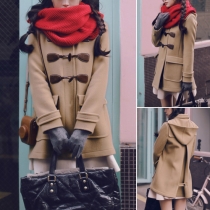 Fashion Solid Color Horn Buttons Hooded Woolen Coat