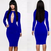 Sexy Hollow Out Long Sleeve Slim Fit Solid Color Dress