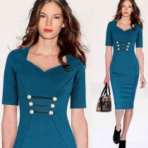 OL Style Short Sleeve Square Neck Solid Color Slim Fit Dress