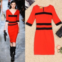 Fashion Contrast Color V-neck Half Sleeve Slim Fit Knitted Dress