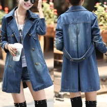 Casual Style Long Sleeve Double-breasted Denim Trench Coat