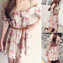 Sweet Floral Print Off-shoulder Short Sleeve Sling Dress