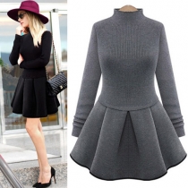 Fashion Stand Collar Long Sleeve Slim Fit Solid Color Dress