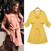 Fashion Solid Color Long Sleeve Trench Coat with Sash