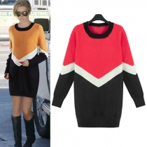 Fashion Contrast Color Long Sleeve Round Neck Knitted Dress