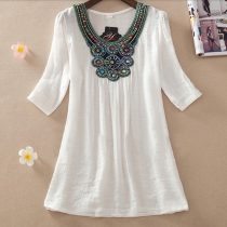Bohemian Style Embroidered Short Sleeve Round Neck Dress