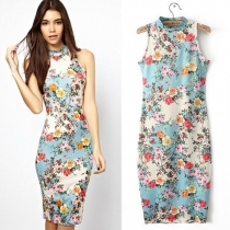 Fashion Floral Print Sleeveless Slim Fit Cheongsam Dress