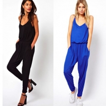 Fashion Solid Color Gathered Waist Sling Jumpsuit