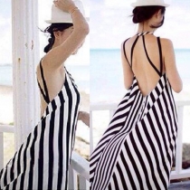 Bohemian Style Backless Sling Striped Dress