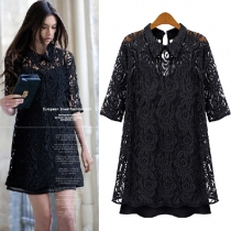 Fashion Solid Color Half Sleeve Peter Pan Collar Lace Dress