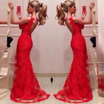 Sexy Backless Floor-length Red Lace Party Dress
