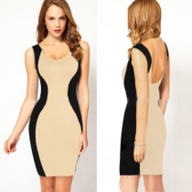 Sexy Backless Sleeveless Slim Fit Contrast Color Dress