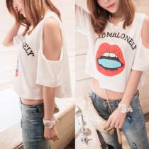 Sexy Off-shoulder Letters Print Short Sleeve Loose T-shirt
