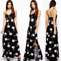 Sleeveless Floral Side Split Floor Length Sling Casual Dress