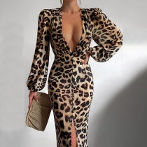 Sexy Backless Leopard Print Long Sleeve Pencil Dress