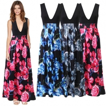 Fashion Floral Print Deep V-neck Sleeveless Maxi Dress