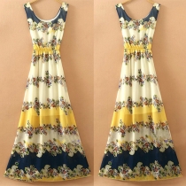 Bohemian Style Sleeveless Round Neck Floral Print Chiffon Maxi Dress