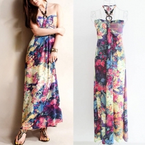 Bohemian Style Strapless Floral Print Maxi Dress