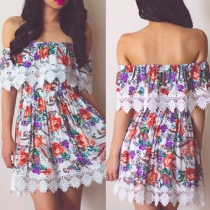Sexy Slash Neck Lace Spliced Floral Print Dress