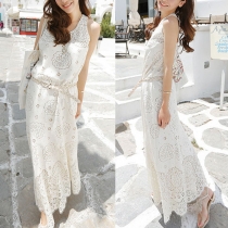 Bohemian Style Sleeveless Round Neck Hollow Out Lace Maxi Dress