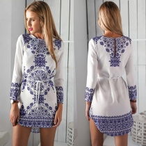 Fashion Blue and White Porcelain Print Long Sleeve Dress
