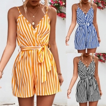 Sexy Backless Deep V-neck Lace-up Halter Striped Jumpsuits