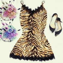 Fashion Tiger Grain Print  Lace Spliced Sling Dress