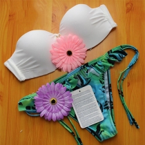 Sexy White Bandeau Bra + Floral Print Briefs Bikini Set